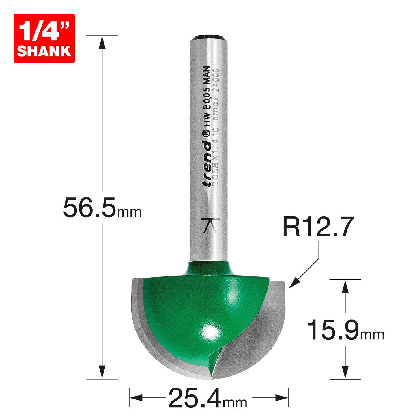 Radius 12.7mm radius x 25.4mm diameter
