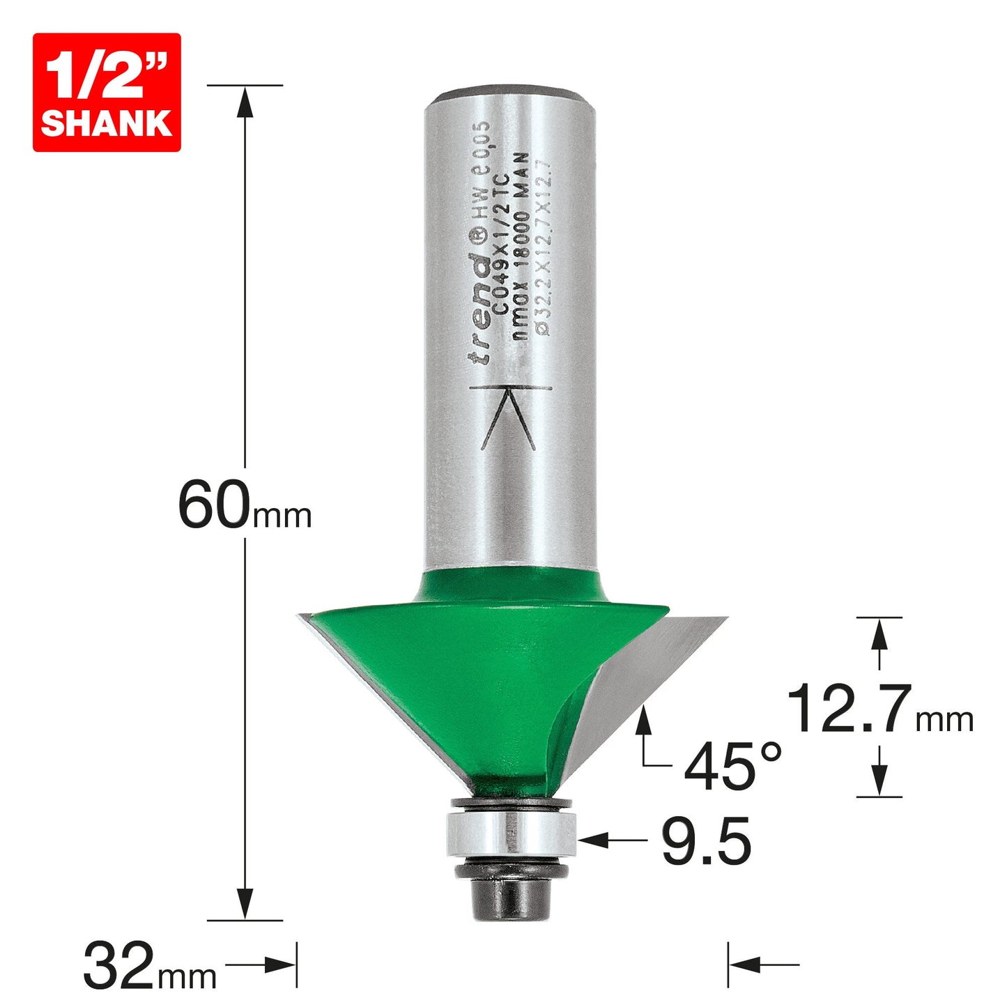 Self guided chamfer angle=45 degrees x 12.7mm Cut