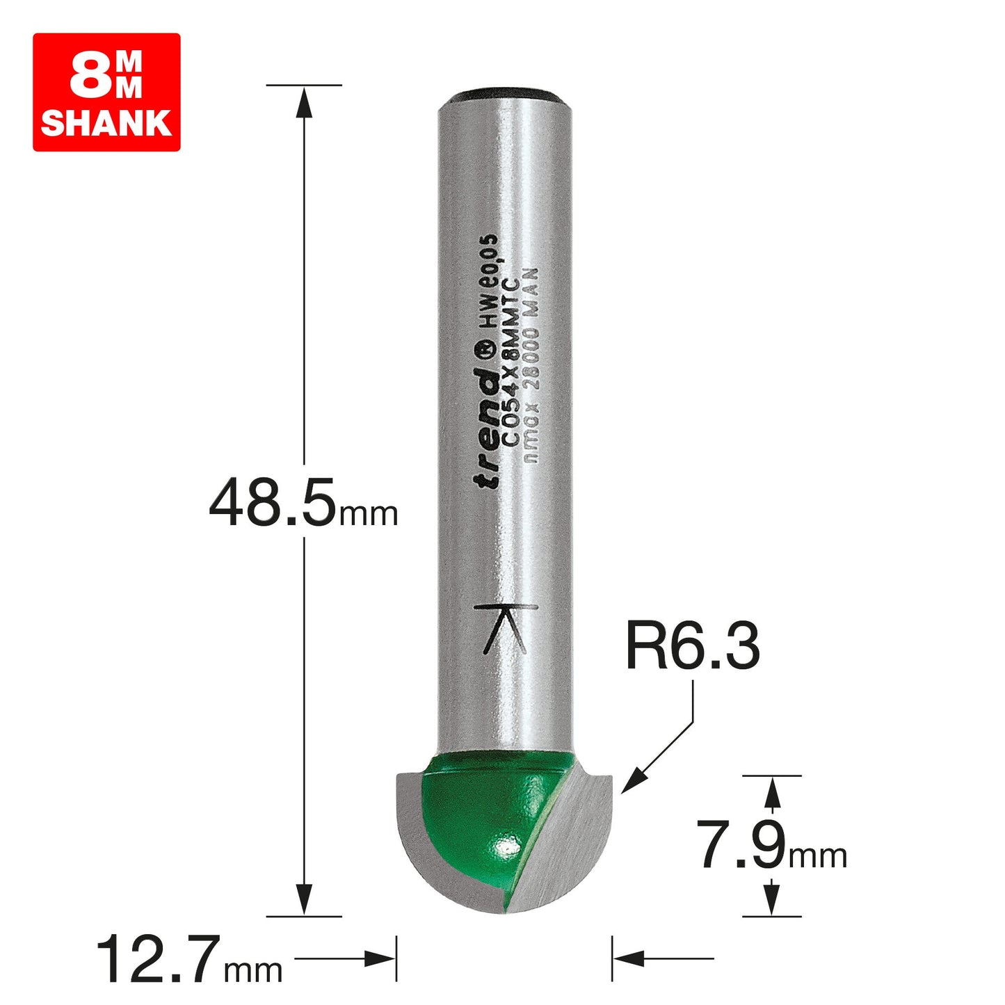 Radius 6.3mm radius x 12.7mm diameter