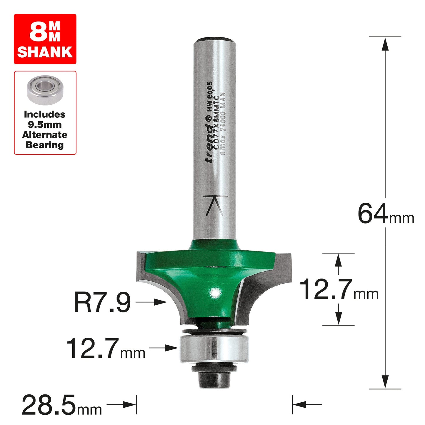Rounding over 7.9mm radius x 12.7mm cut