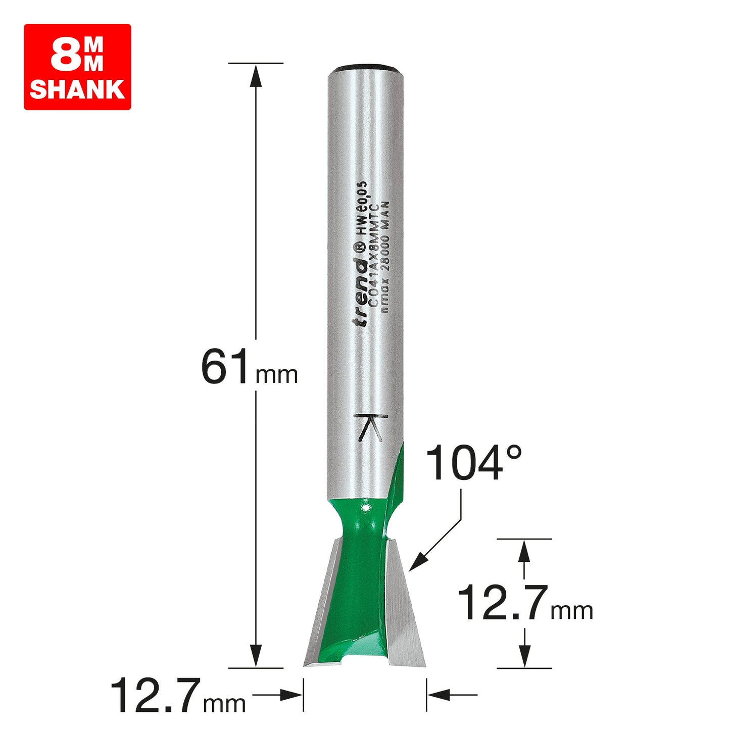 Dovetail cutter angle=104 degrees x 12.7mm diameter