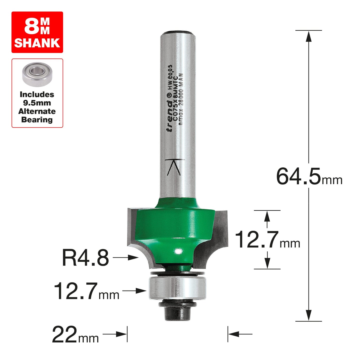 Rounding over 4.8mm radius x 12.7mm cut