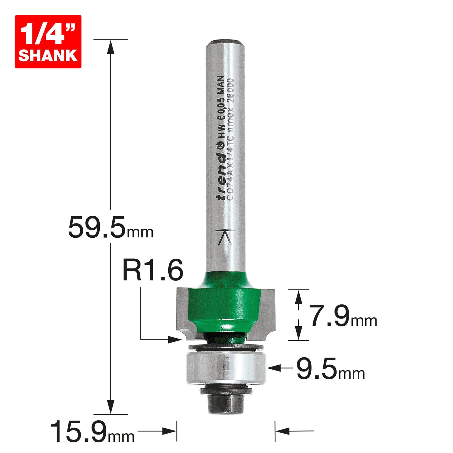 Rounding over 1.6mm radius x 7.9mm cut