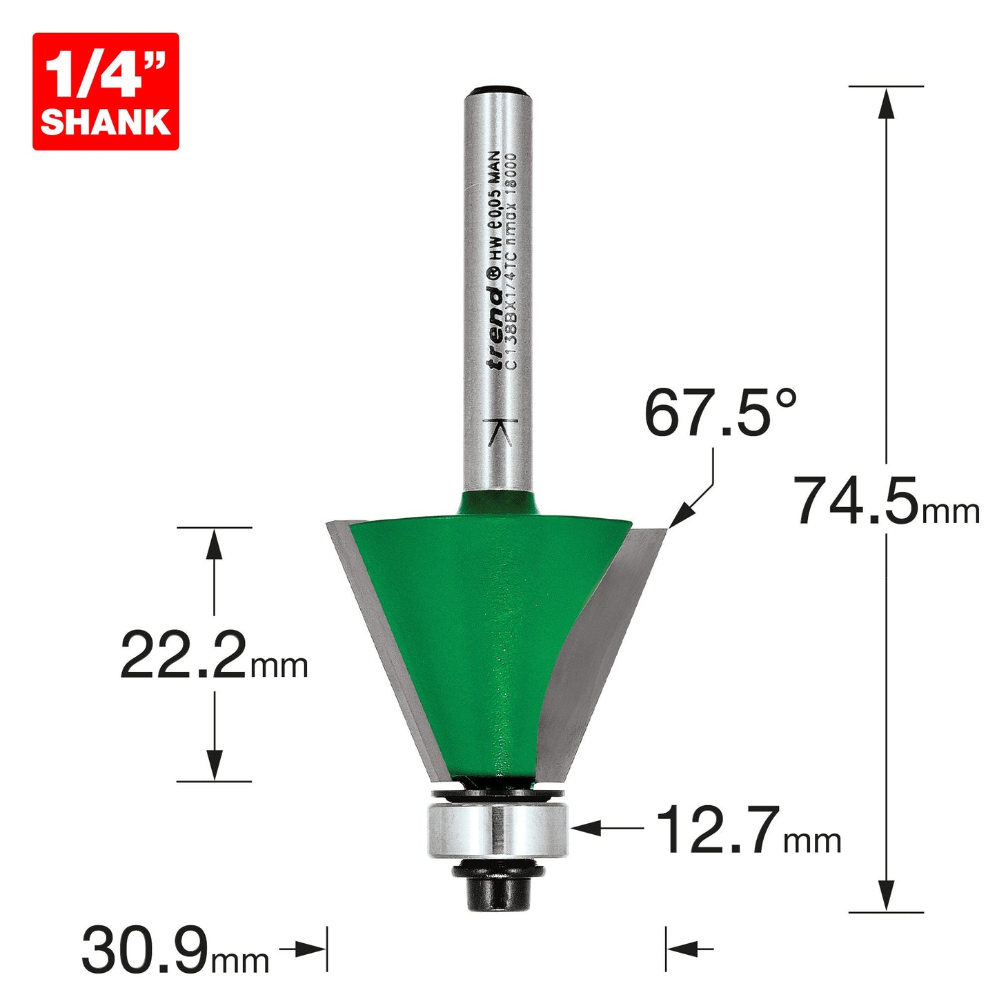Self guided chamfer 67.5 degrees x 22.2mm cut