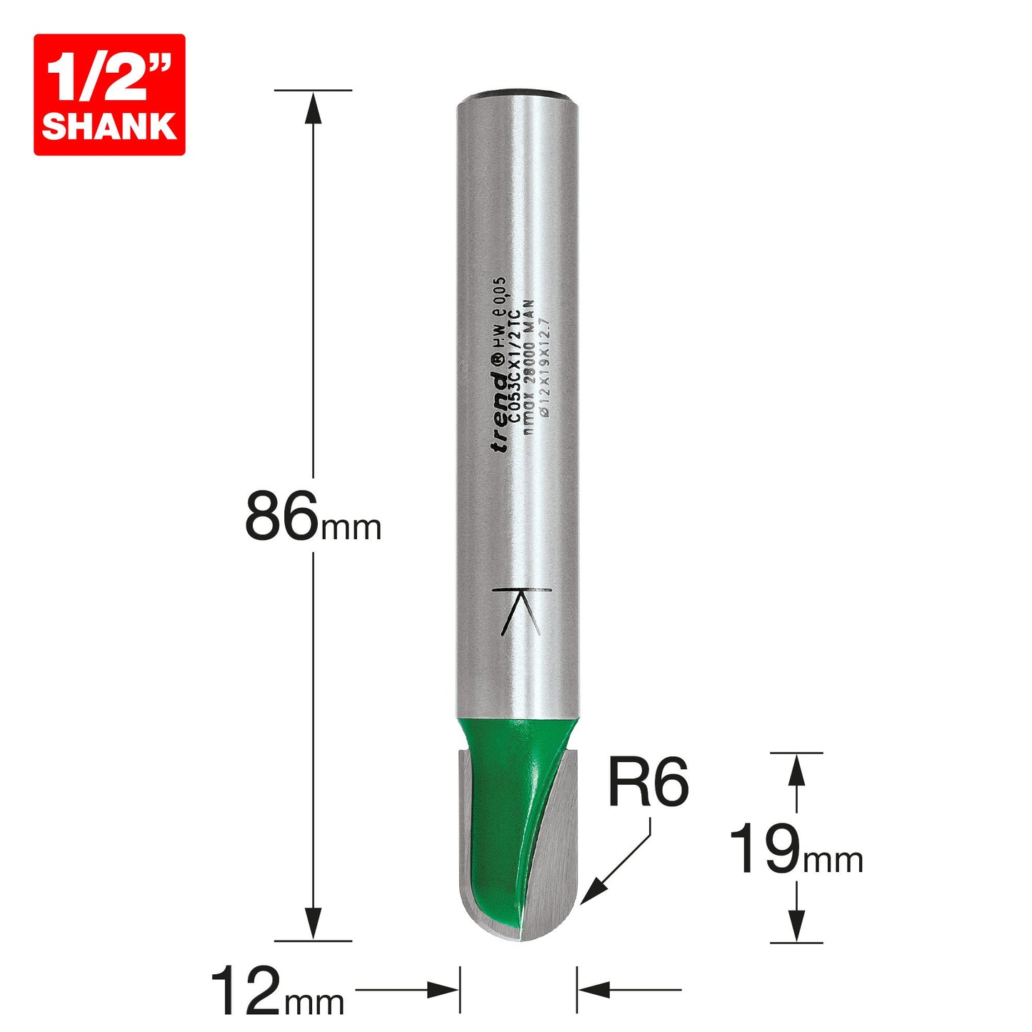 Trend CraftPro 1/2" TCT 6.0mm Radius Draining Groove Router Cutter, 12mm x 19mm.