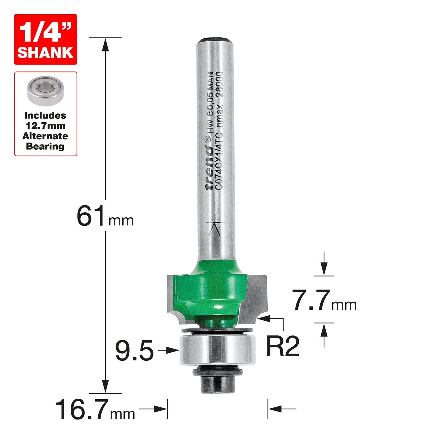Rounding over 2.0mm radius x 9.5mm cut