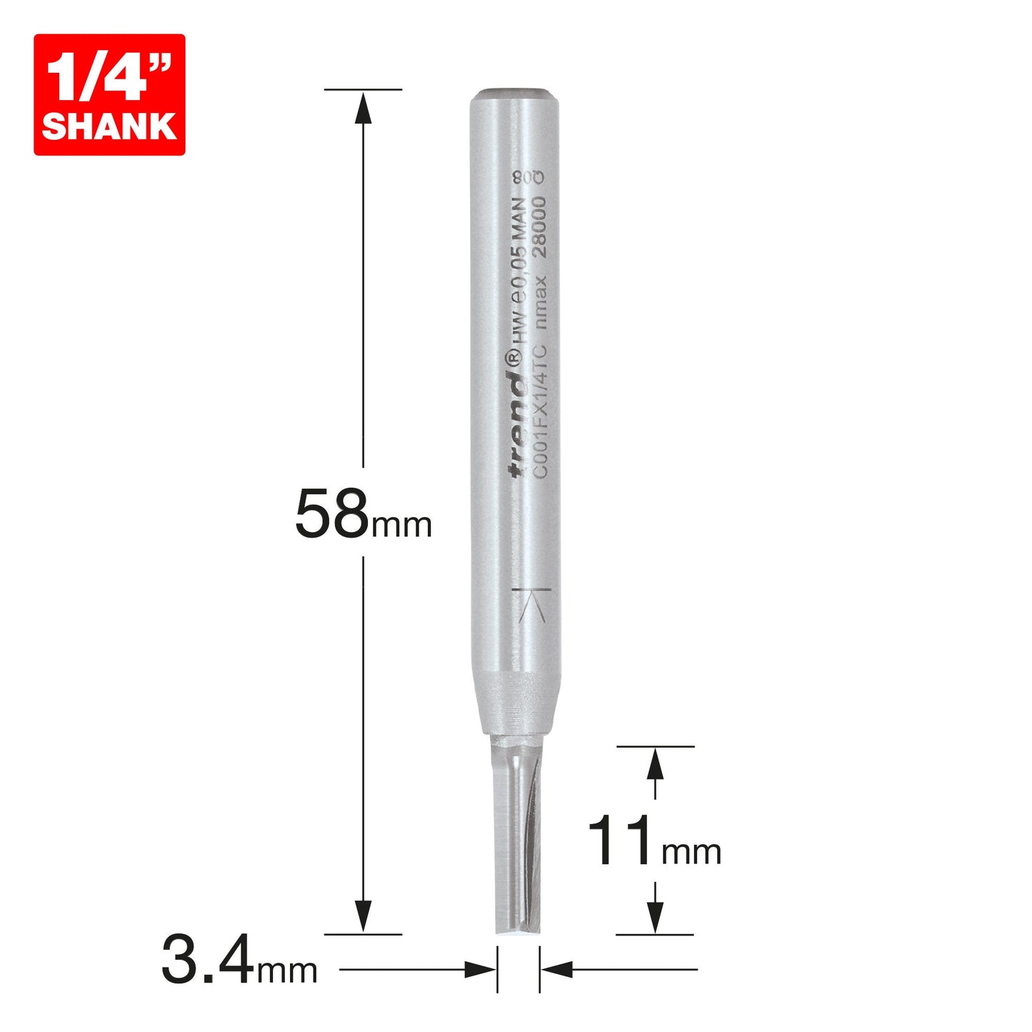 Trend CraftPro 1/4in shank Two Flute Straight Router Cutter Bit 3.4mm dia x 11mm cut depth