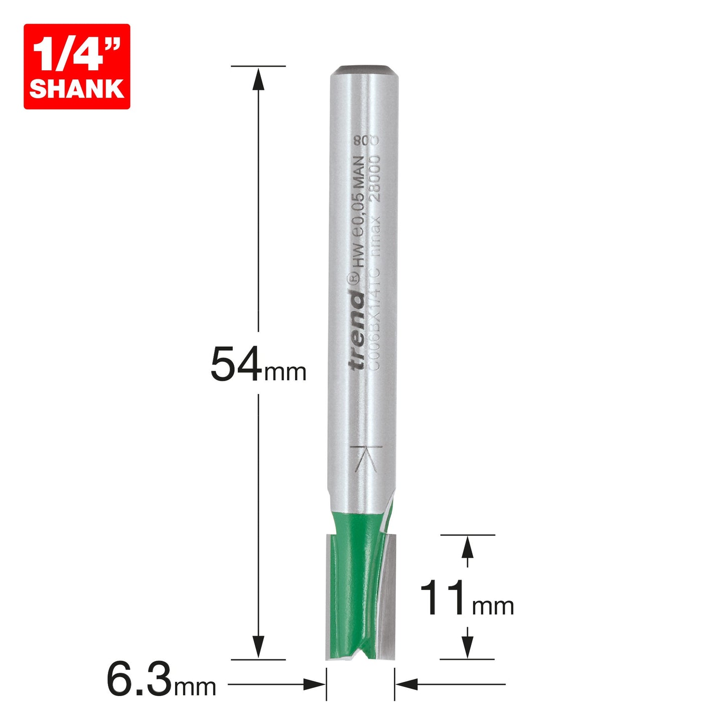 Trend CraftPro 1/4in Shank Two Flute Straight Router Cutter Bit 6.3mm dia x 11mm cut depth