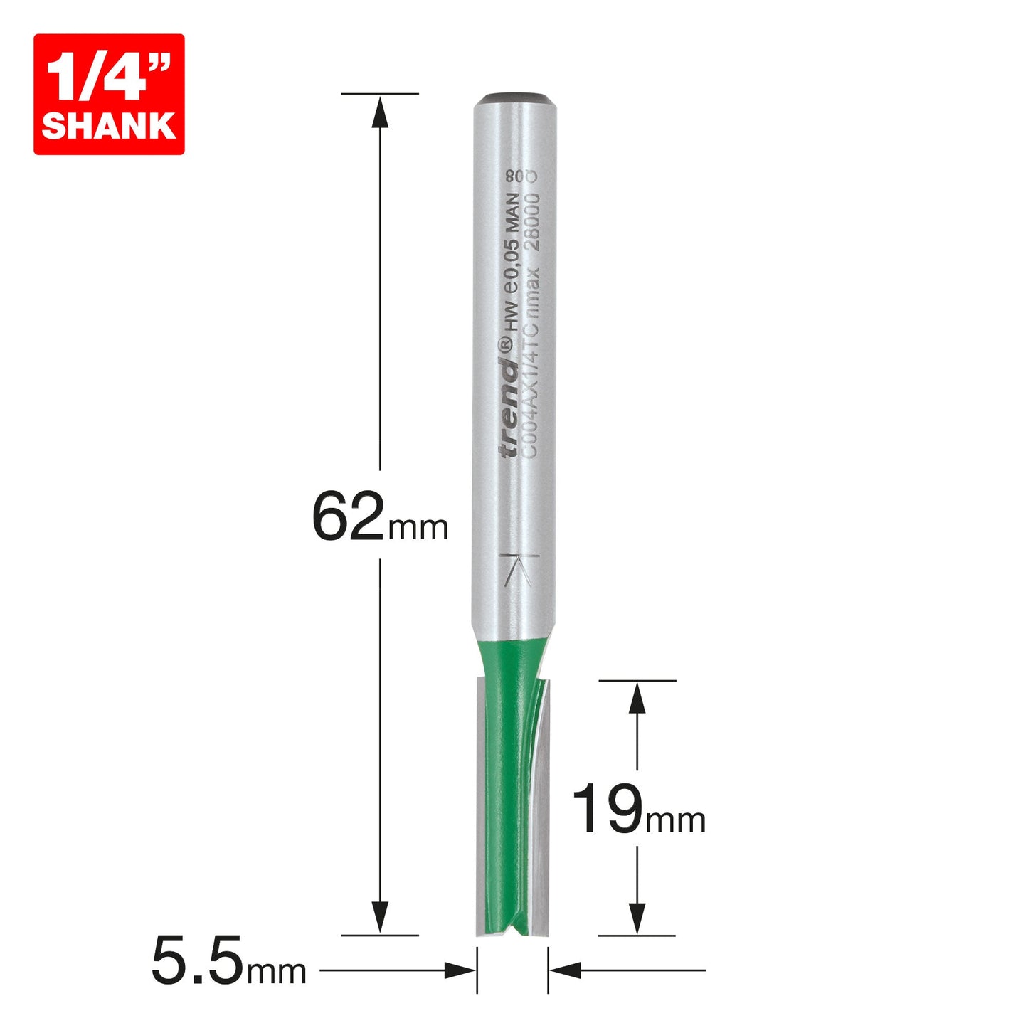 Trend CraftPro 1/4in Shank Two Flute Straight Router Cutter Bit Ref: 5.5mm dia x 19mm cut depth