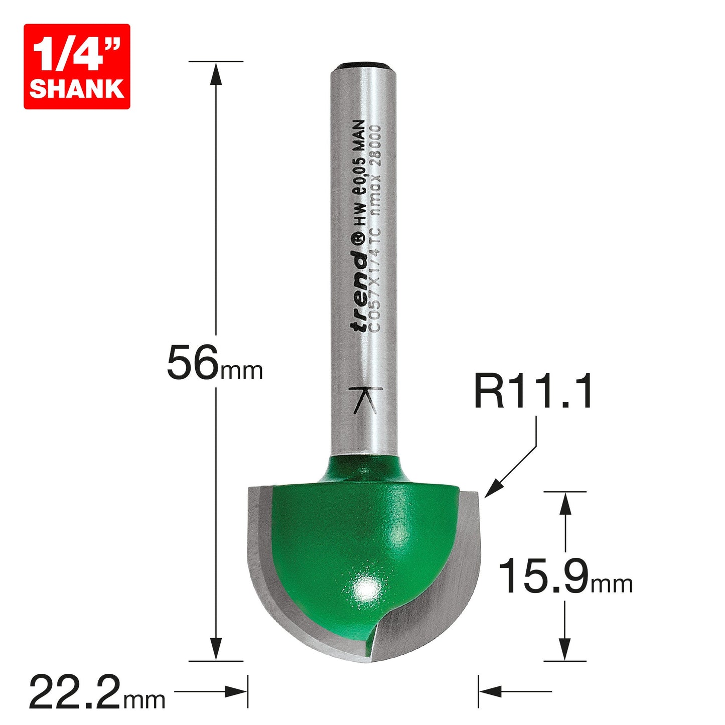 Radius 11.1mm radius x 22.2mm diameter