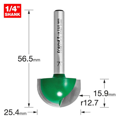 Radius 12.7mm radius x 25.4mm diameter