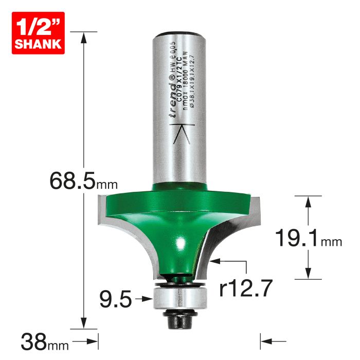 Rounding over 12.7mm radius x 19.1mm cut
