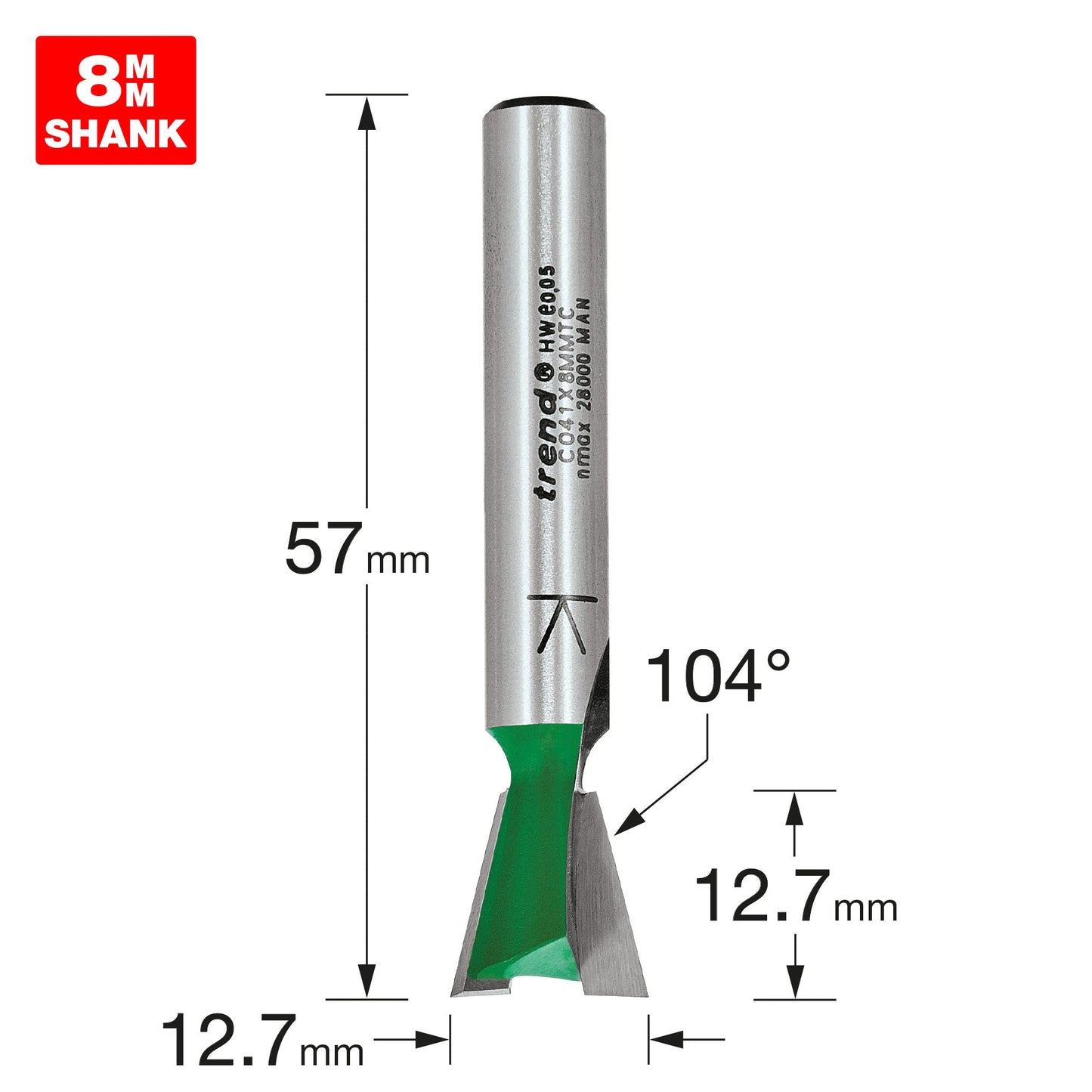 Dovetail cutter angle=104 degrees x 12.7mm diameter