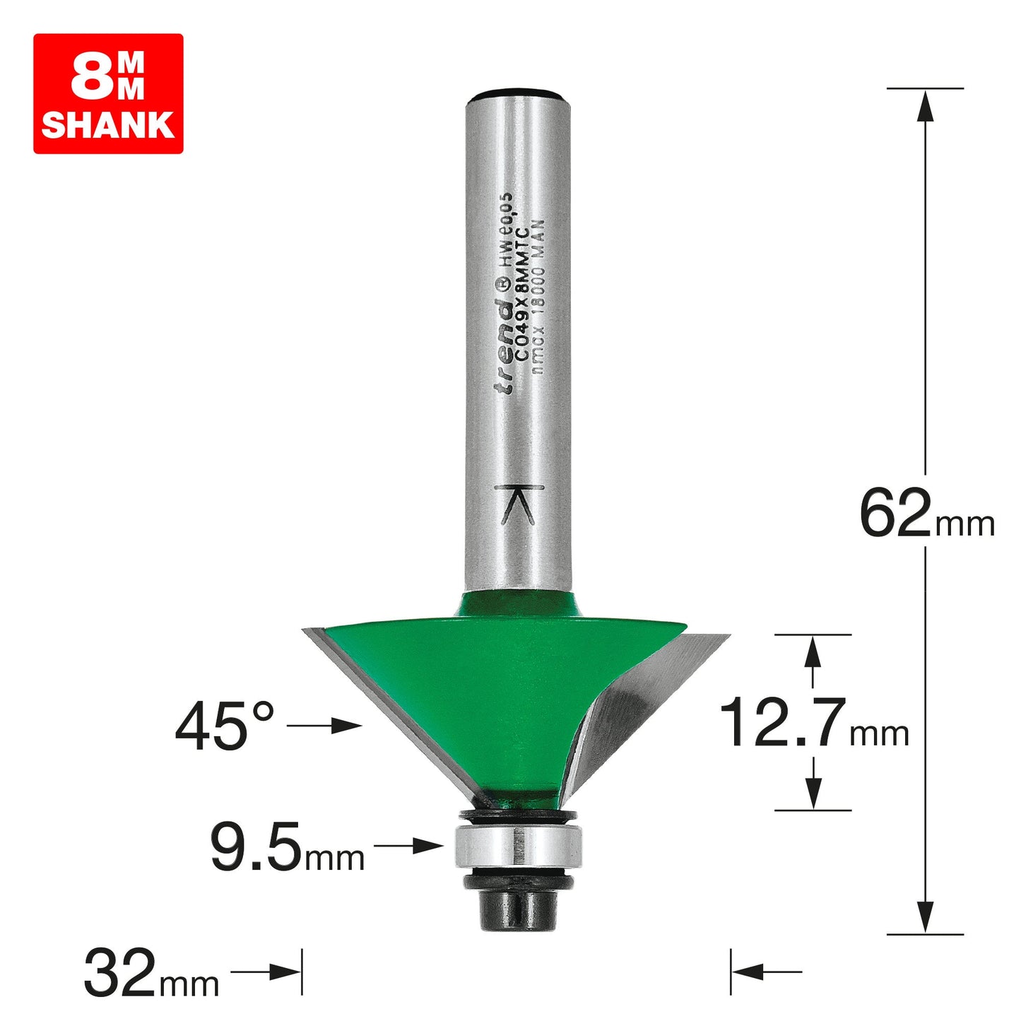 Self guided chamfer angle=45 degrees x 12.7mm Cut