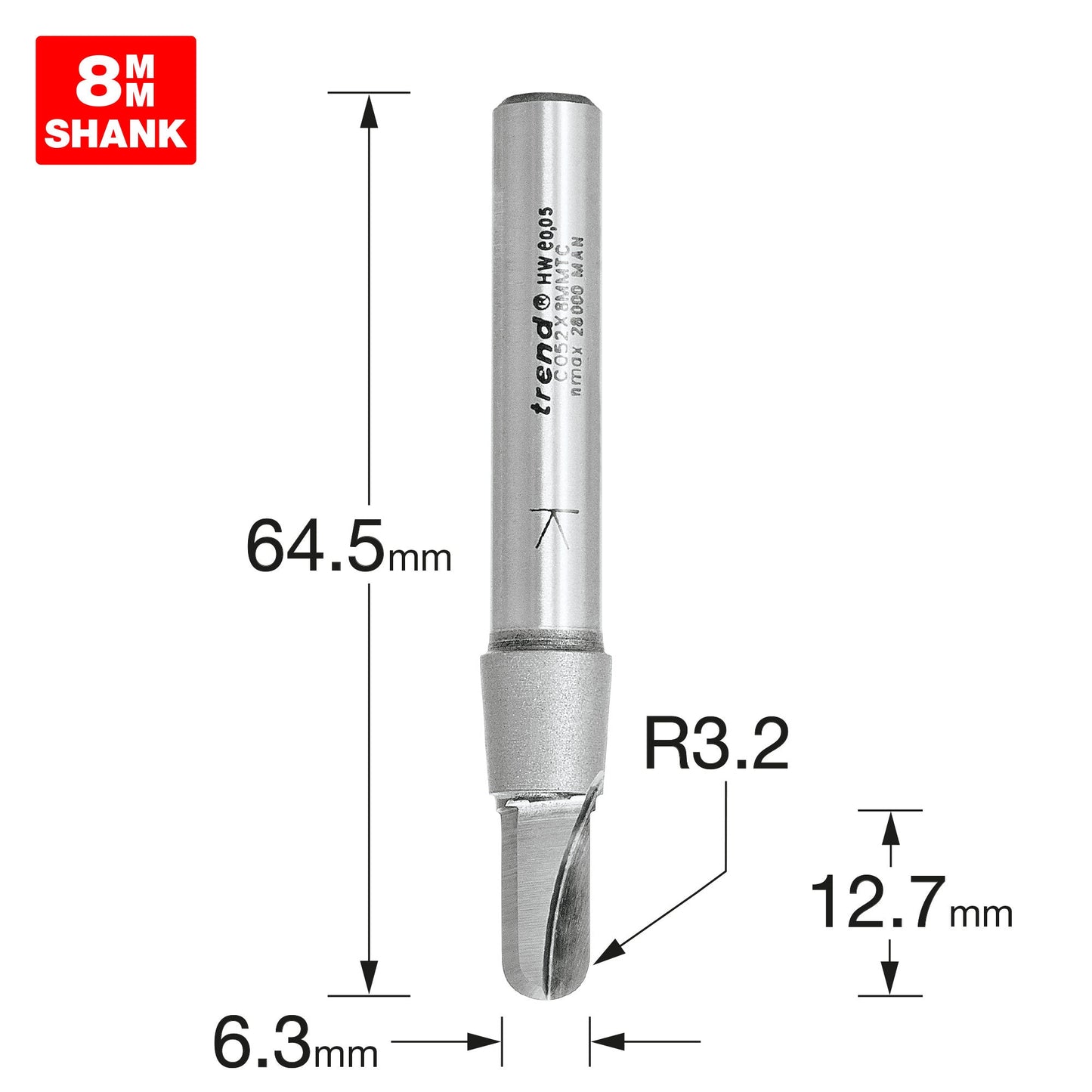 Radius 3.2mm radius x 6.3mm diameter