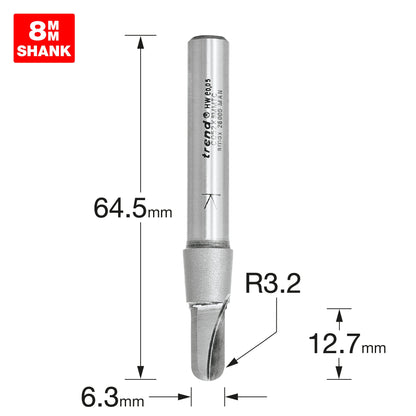 Radius 3.2mm radius x 6.3mm diameter
