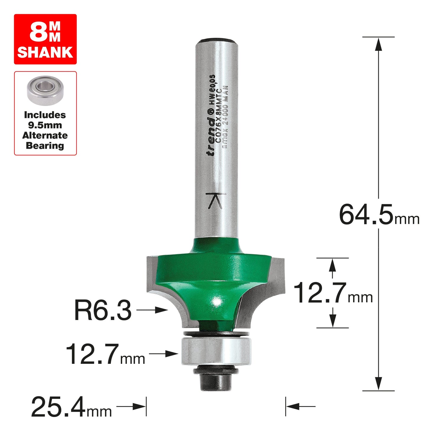 Rounding over 6.3mm radius x 12.7mm cut