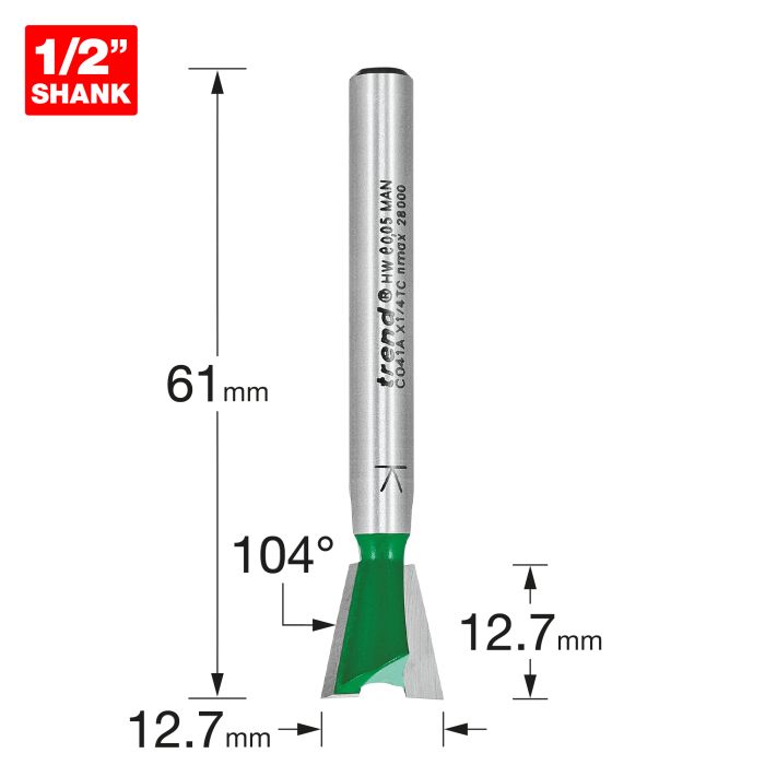 Dovetail cutter angle=104 degrees 12.7mm diameter