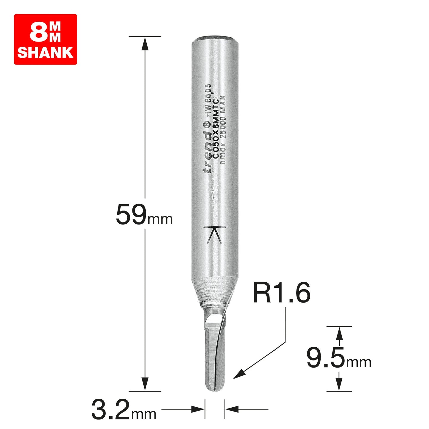 Radius 1.6mm radius x 3.2mm diameter