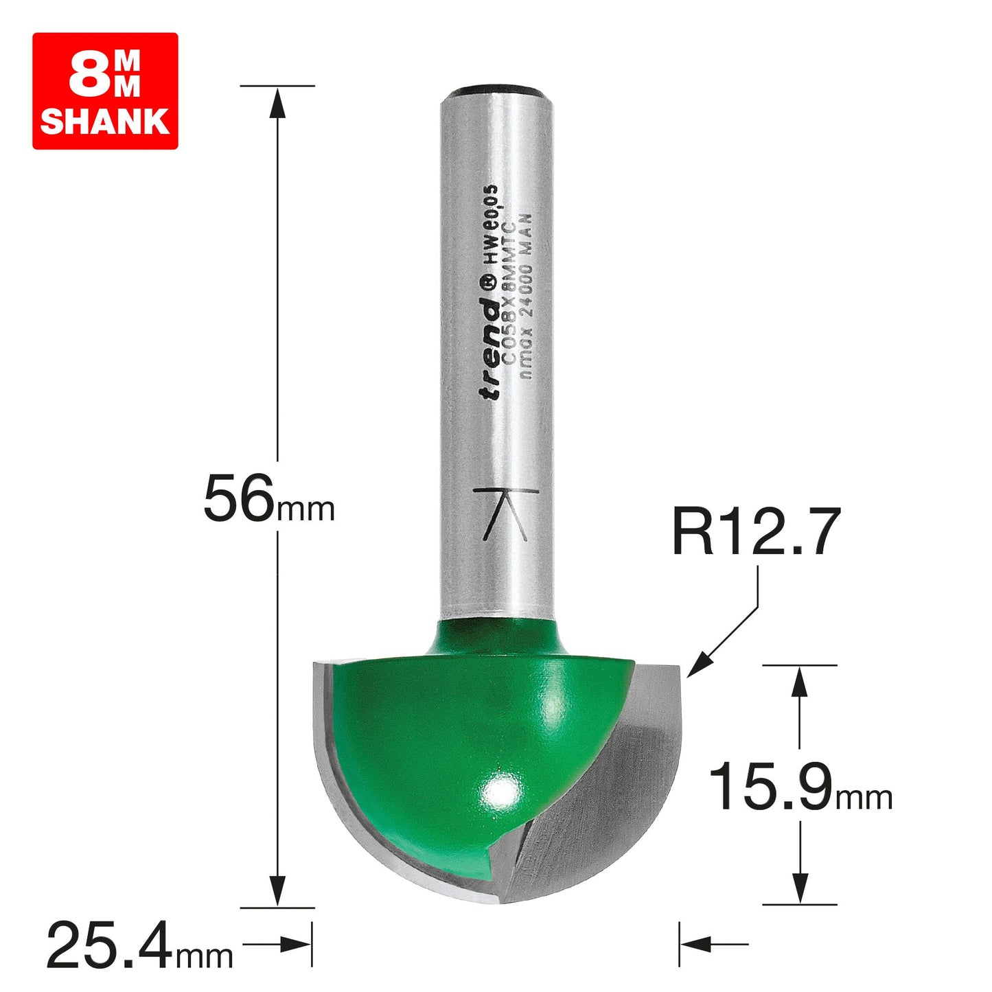 Radius 12.7mm radius x 25.4mm diameter