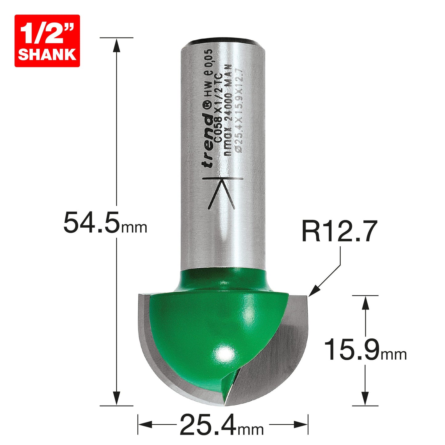 Radius 12.7mm radius x 25.4mm diameter