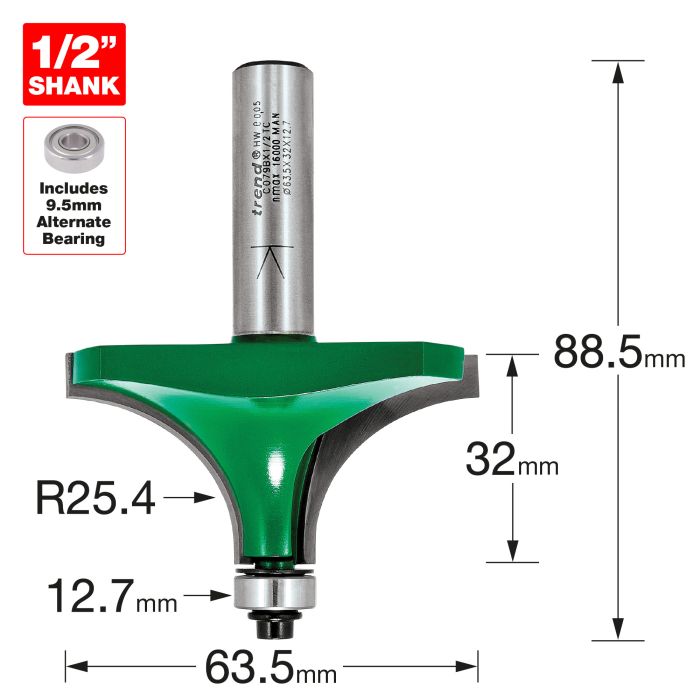 Rounding over 25.4mm radius x 32mm cut