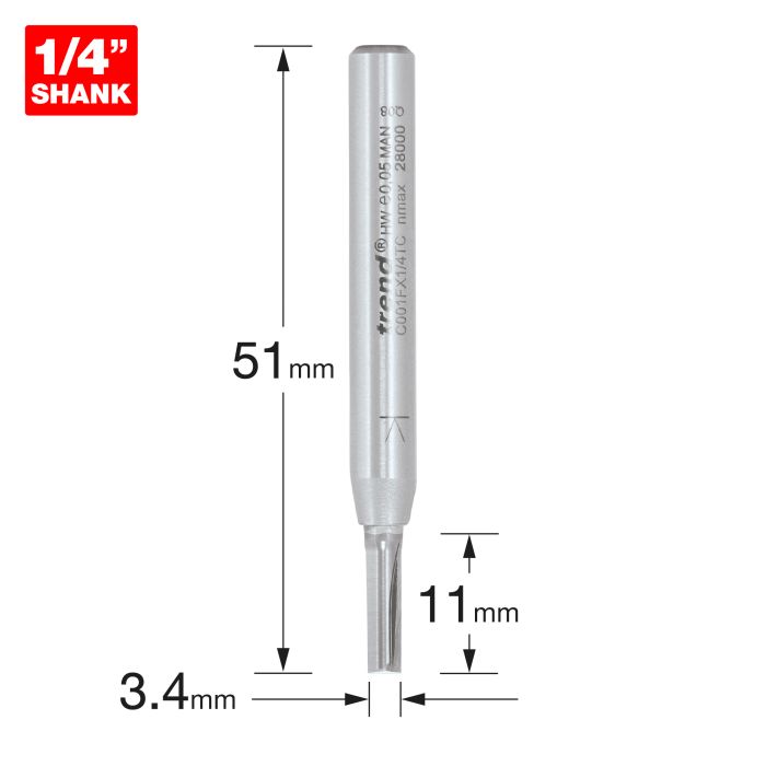 Trend CraftPro 1/4in shank Two Flute Straight Router Cutter Bit 3.4mm dia x 11mm cut depth