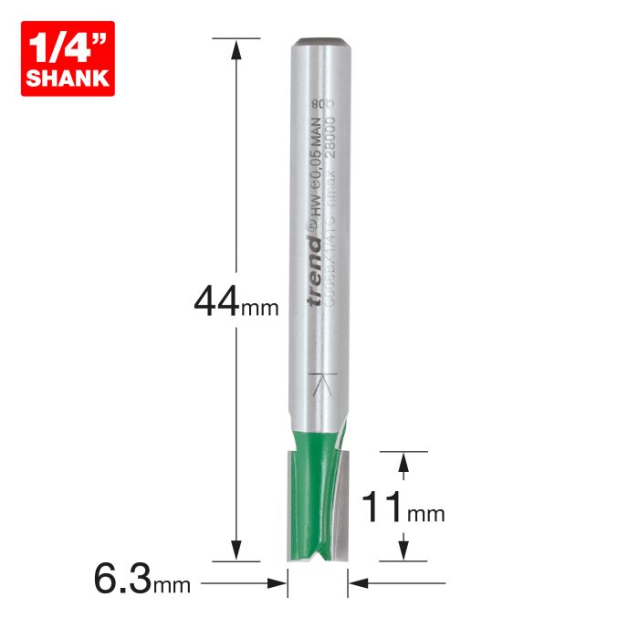 Trend CraftPro 1/4in Shank Two Flute Straight Router Cutter Bit 6.3mm dia x 11mm cut depth