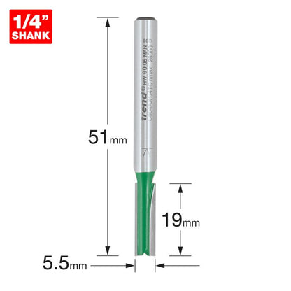 Trend CraftPro 1/4in Shank Two Flute Straight Router Cutter Bit Ref: 5.5mm dia x 19mm cut depth
