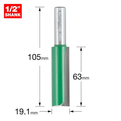 Trend CraftPro 1/2in Shank Two Flute Straight Router Cutter Bit 19.1mm dia x 63mm cut depth
