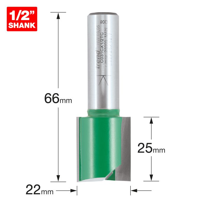 Trend CraftPro 1/2in Shank Two Flute Straight Router Cutter Bit 22mm dia x 25mm cut depth