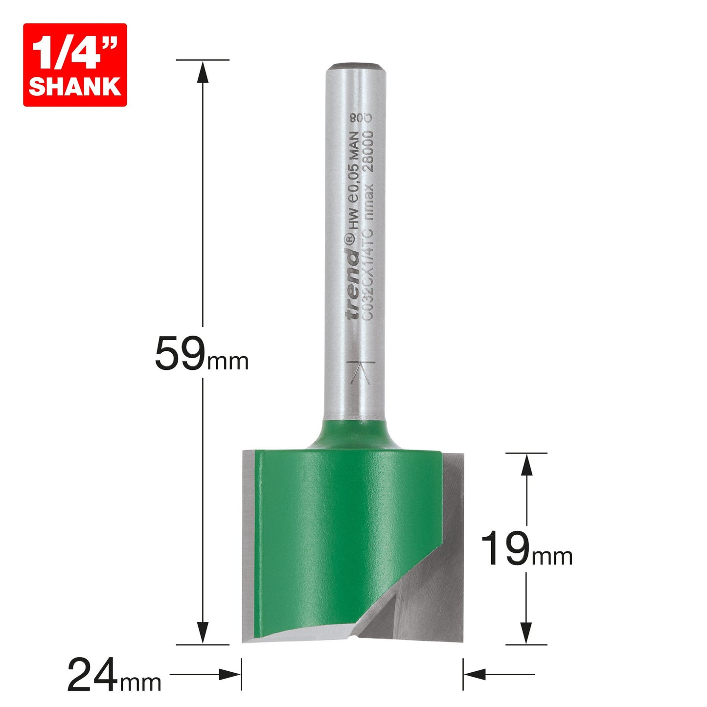 Trend CraftPro 1/4in Shank Two Flute Straight Router Cutter Bit 24mm dia x 19mm cut depth