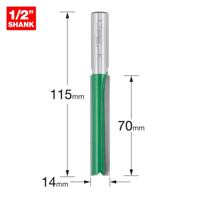 Trend CraftPro 1/2in Shank Two Flute Straight Router Cutter Bit 14mm dia x 70mm cut depth